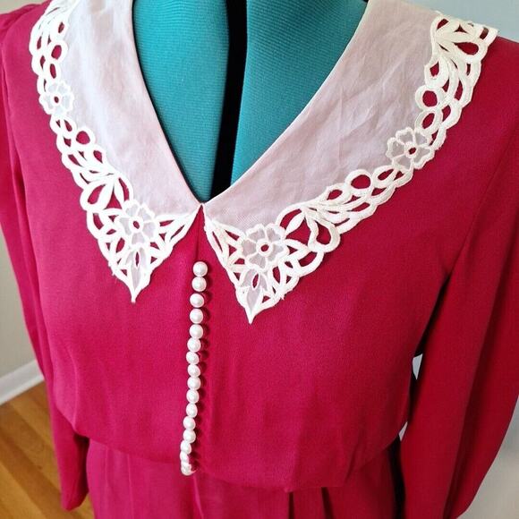 Vintage 80s/90s Red Lace Collar Midi Goth Coquette Dress Women Size 14 - Picture 3 of 11